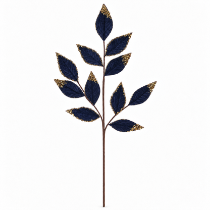 Blue & Gold Velvet Glitter Leaf Spray 75cm Christmas foliage decoration on white background