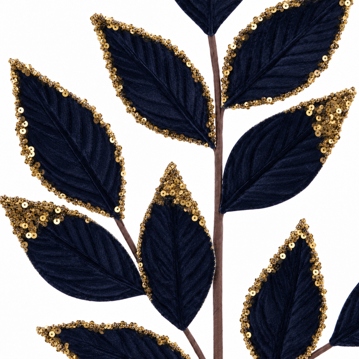 Blue & Gold Velvet Glitter Leaf Spray 75cm close-up with gold sequin leaf detailing