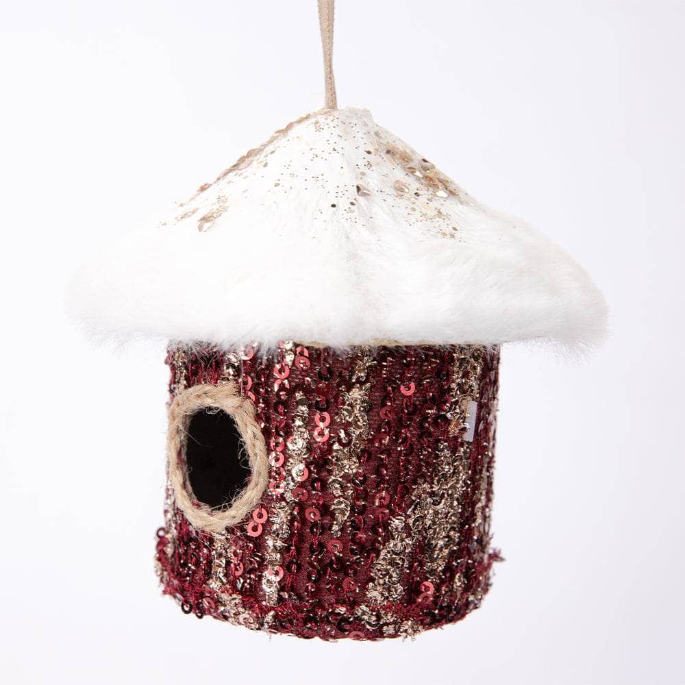 Burgundy Bird House Christmas Decoration - 10cm  -  60008490