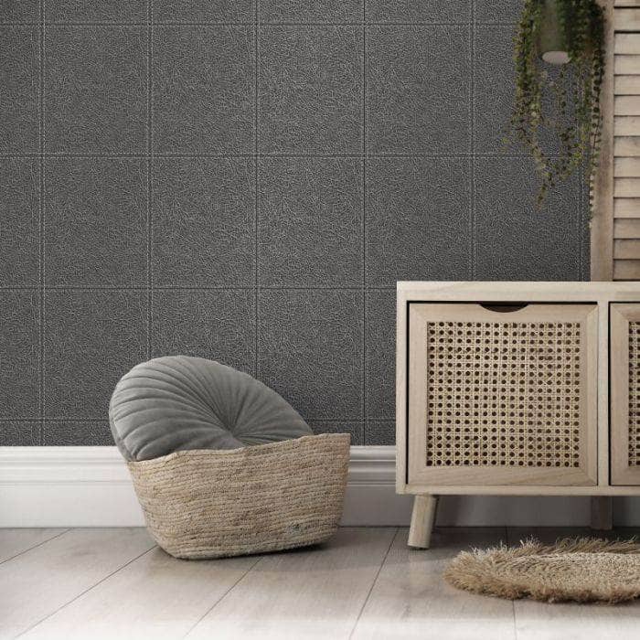 Wallpaper  -  Fine Decor Camden Stitch Charcoal Wallpaper FD42993  -  60003865