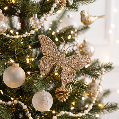 Champagne Glitter Butterfly Clip 18cm on Christmas tree with gold decorations