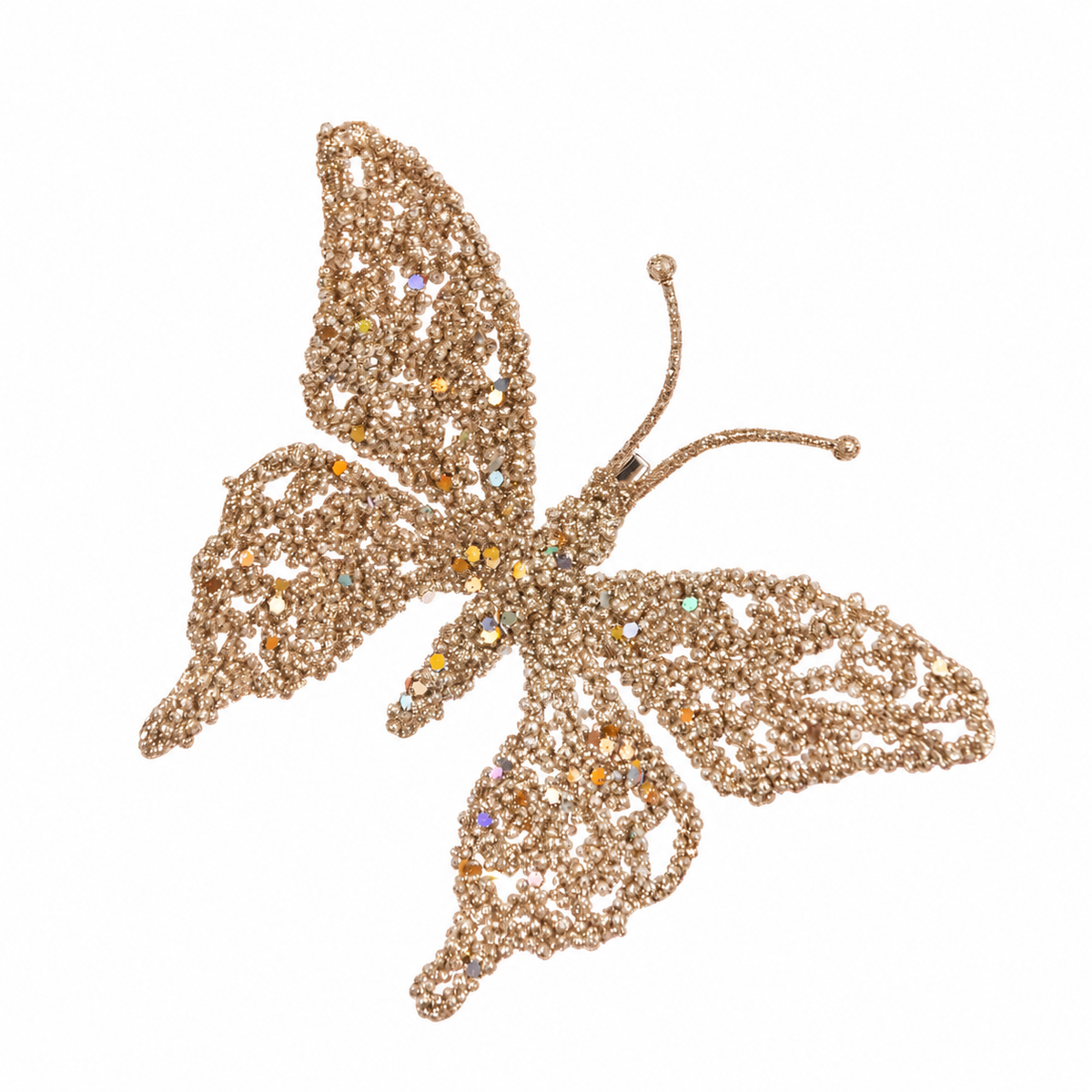 Champagne Glitter Butterfly Clip 18cm on white background Christmas ornament