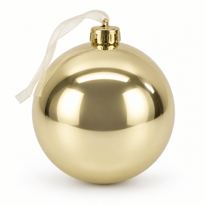 Champagne Shiny Bauble 15cm, round Christmas tree decoration with glossy champagne gold finish, gold cap and delicate ribbon hanging loop