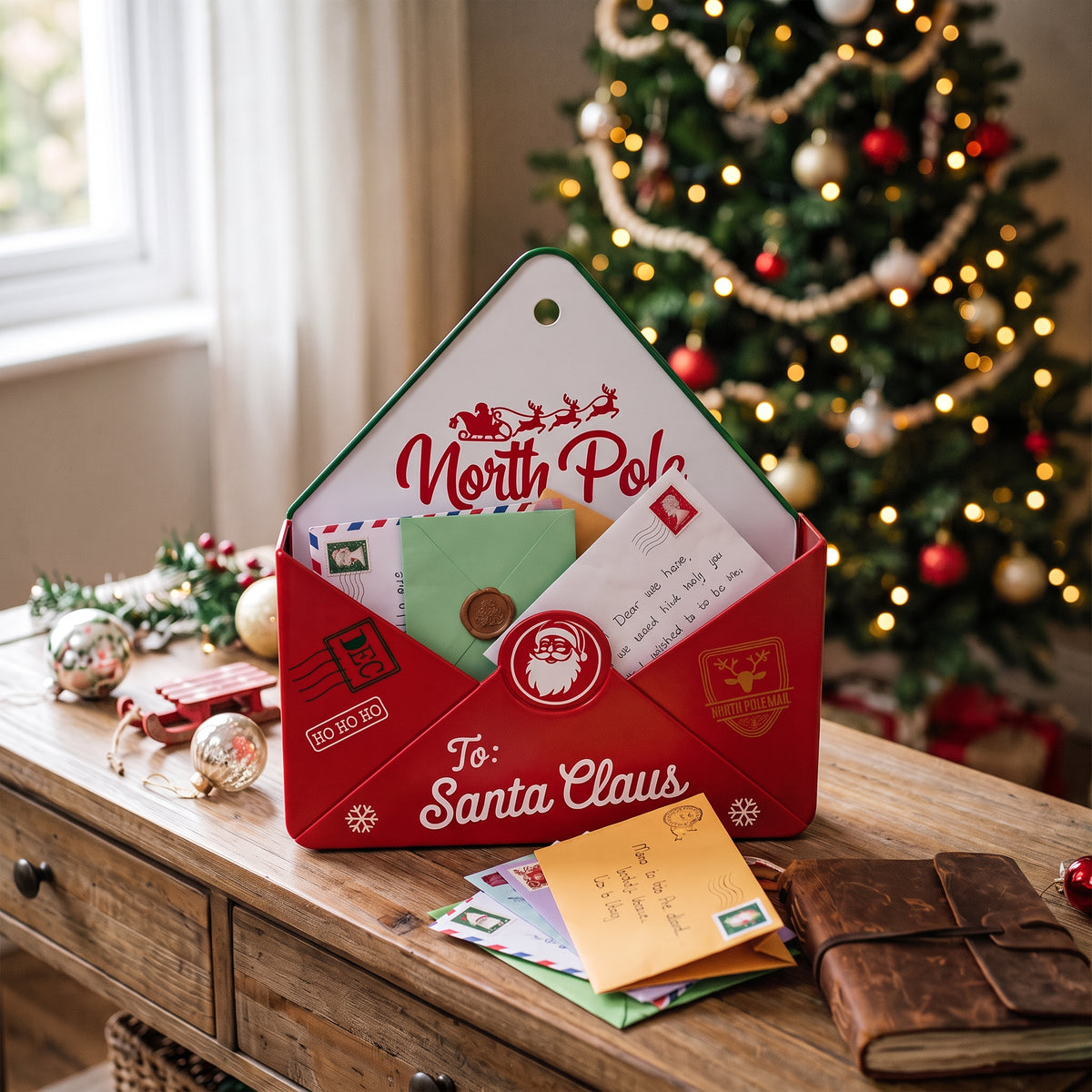 Christmas Envelope Mailbox 34cm festive Santa post box displayed with letters near Christmas tree