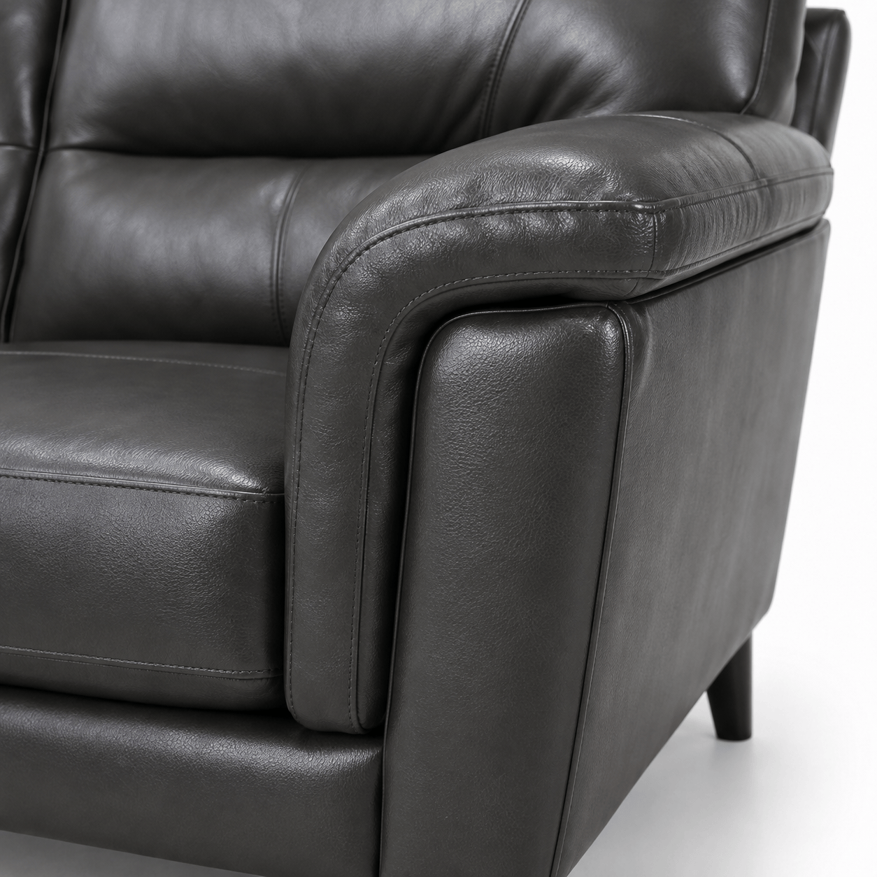 Compton 3 Seater Sofa padded arm close up, grey leather-look upholstery, contemporary sofa design