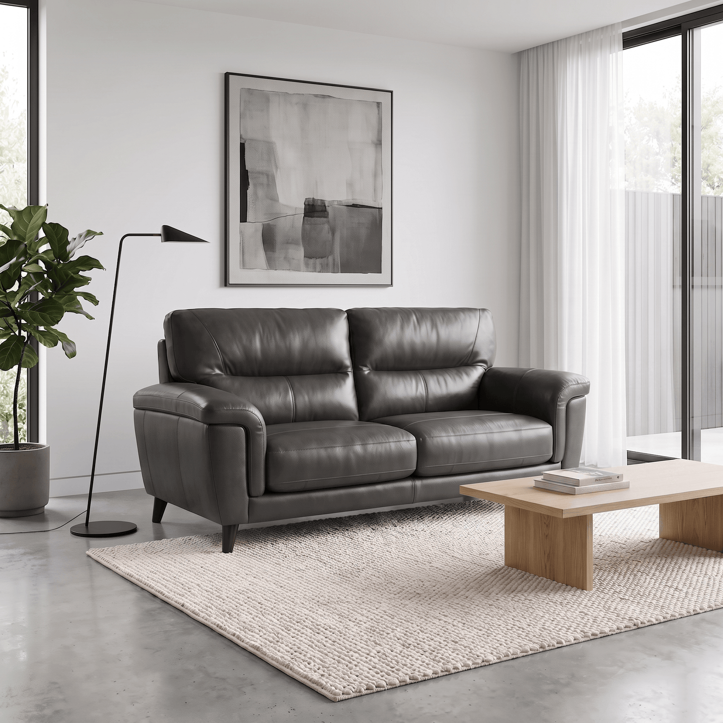 Compton 3 Seater Sofa styled in modern living room, grey leather sofa, spacious three seater couch
