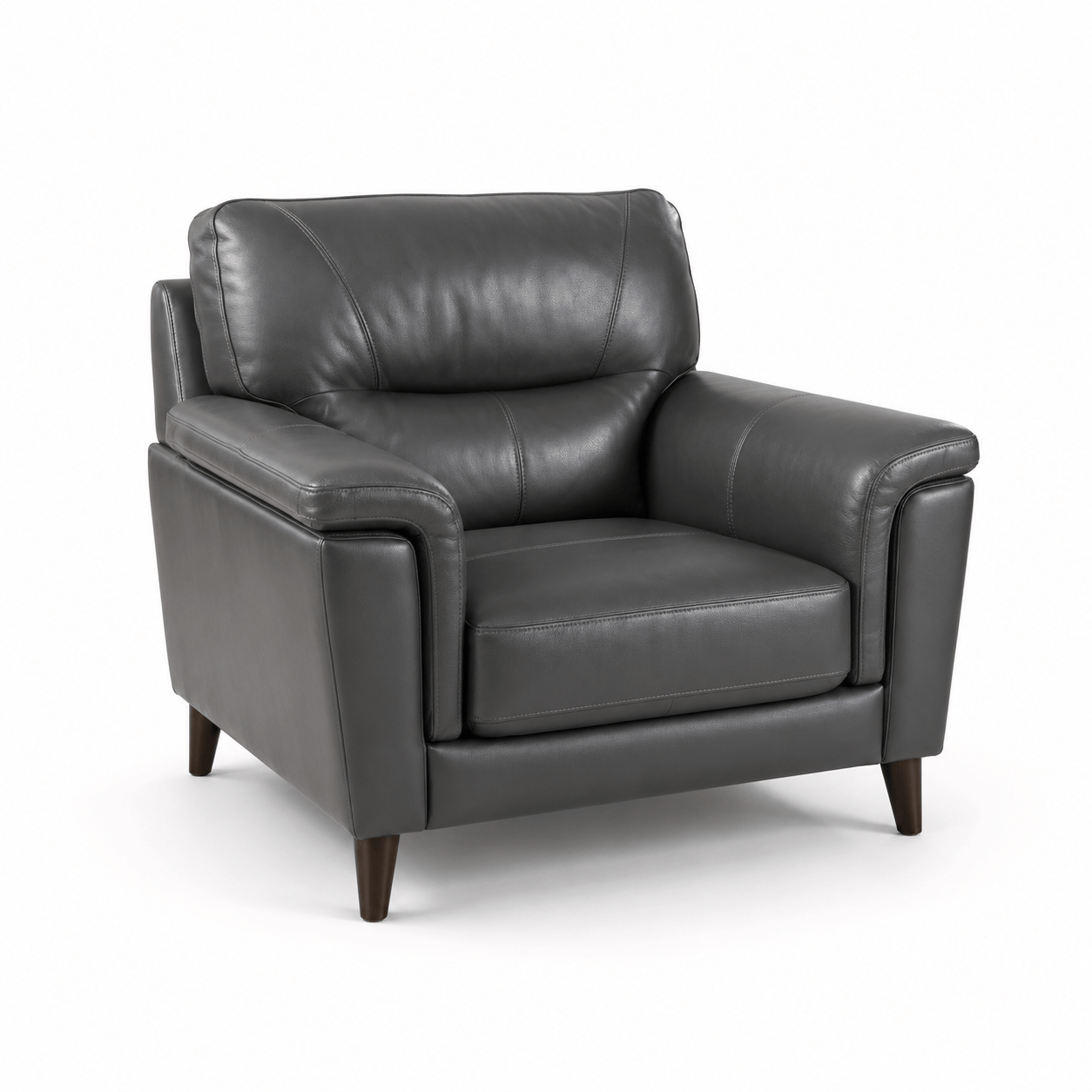 Compton Armchair full studio image, dark grey leather-look chair, cushioned armchair with wooden legs