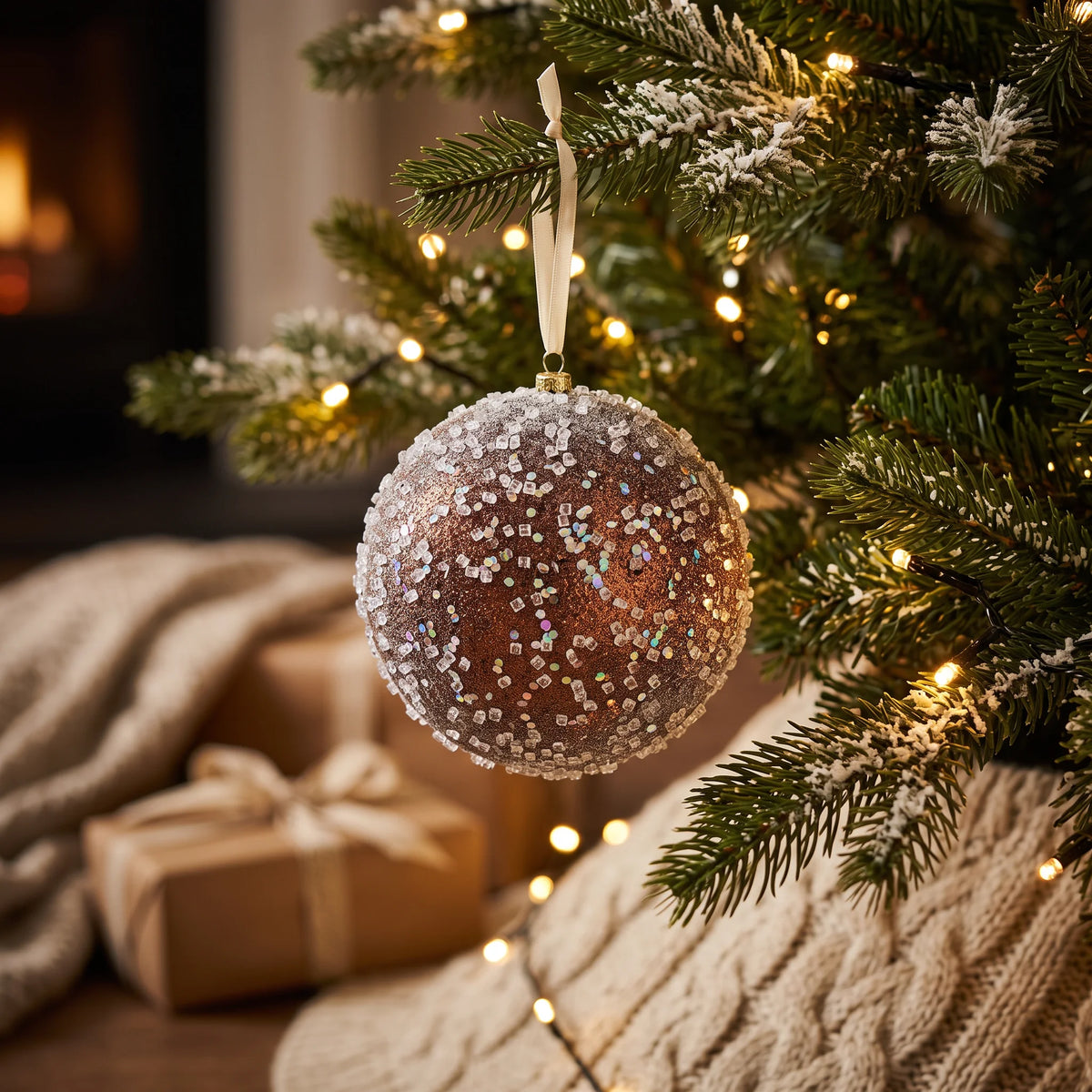 Copper Frosted Bauble with Glass Beads & Sequins - 15cm, hanging on a snowy Christmas tree with warm white lights and festive decorations.