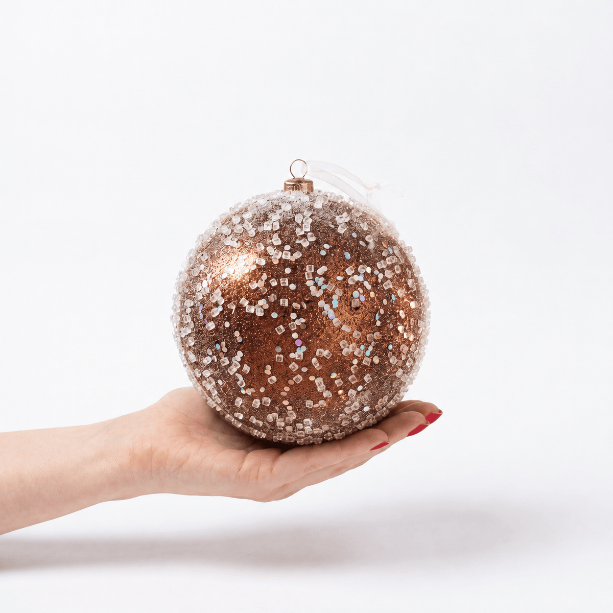 Christmas  -  Copper Frosted Bauble with Glass Beads & Sequins - 15cm  -  60486193