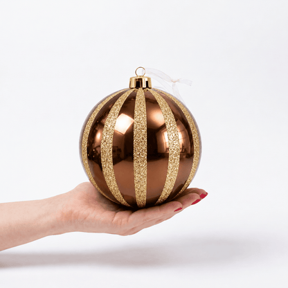 Christmas  -  Copper & Gold Fine Glitter Stripe Bauble - 15cm  -  60486237