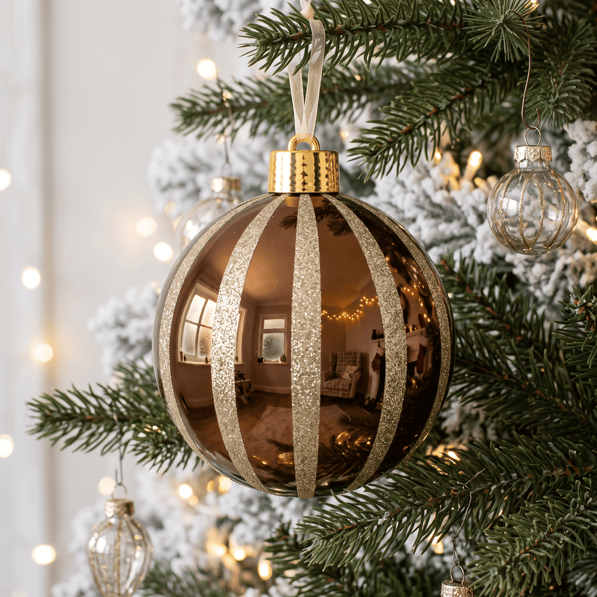 Christmas  -  Copper & Gold Fine Glitter Stripe Bauble - 20cm  -  60486336
