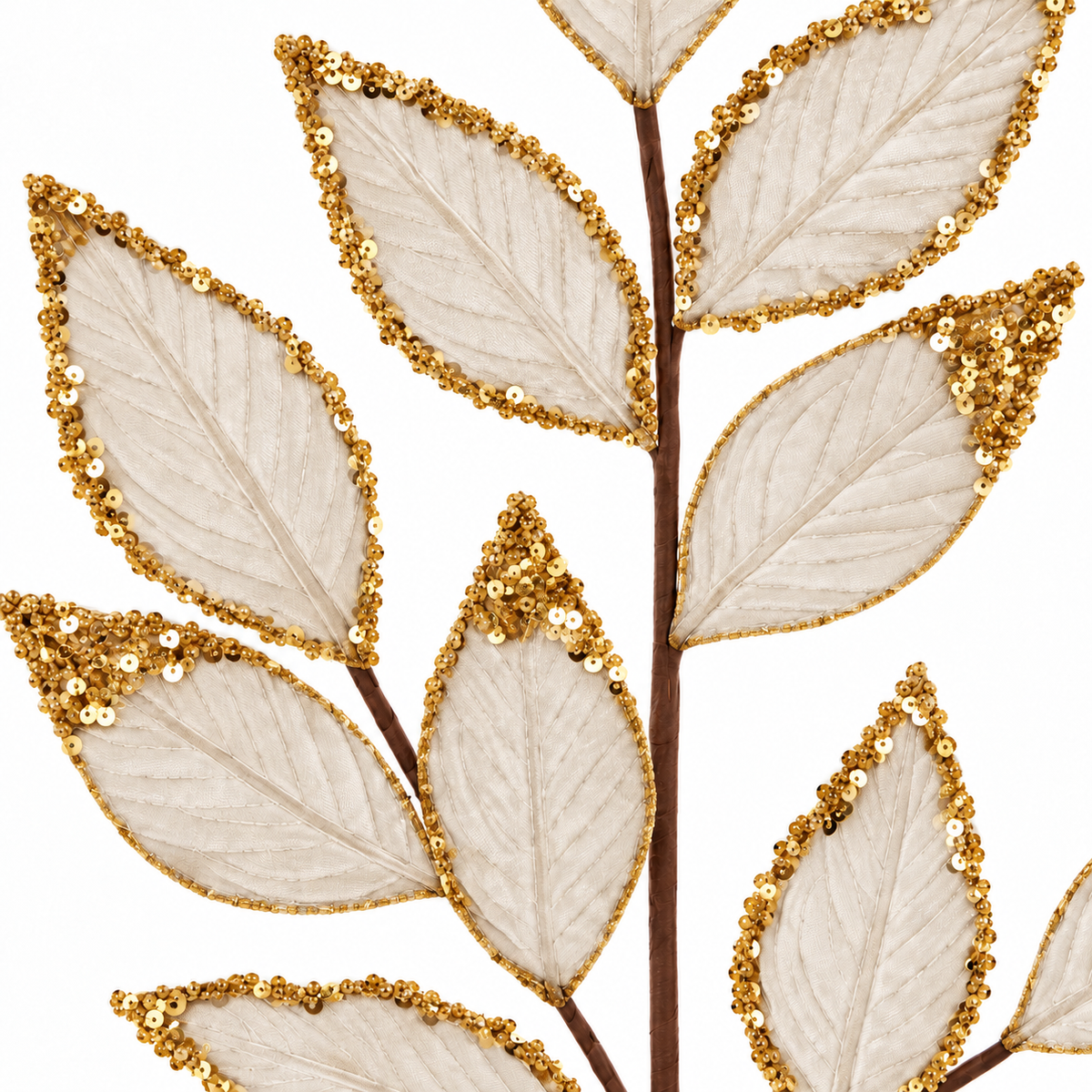 Cream & Gold Velvet Glitter Leaf Spray 75cm close-up gold sequin Christmas foliage