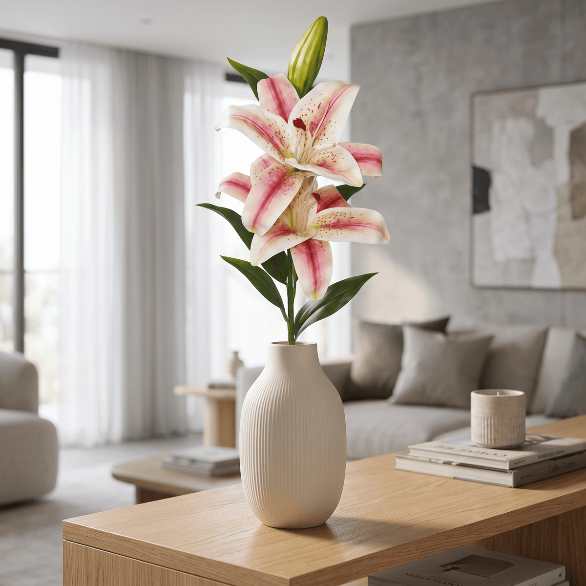 Homeware  -  Cream & Pink Stargazer Lily Spray - 64cm  -  60487327