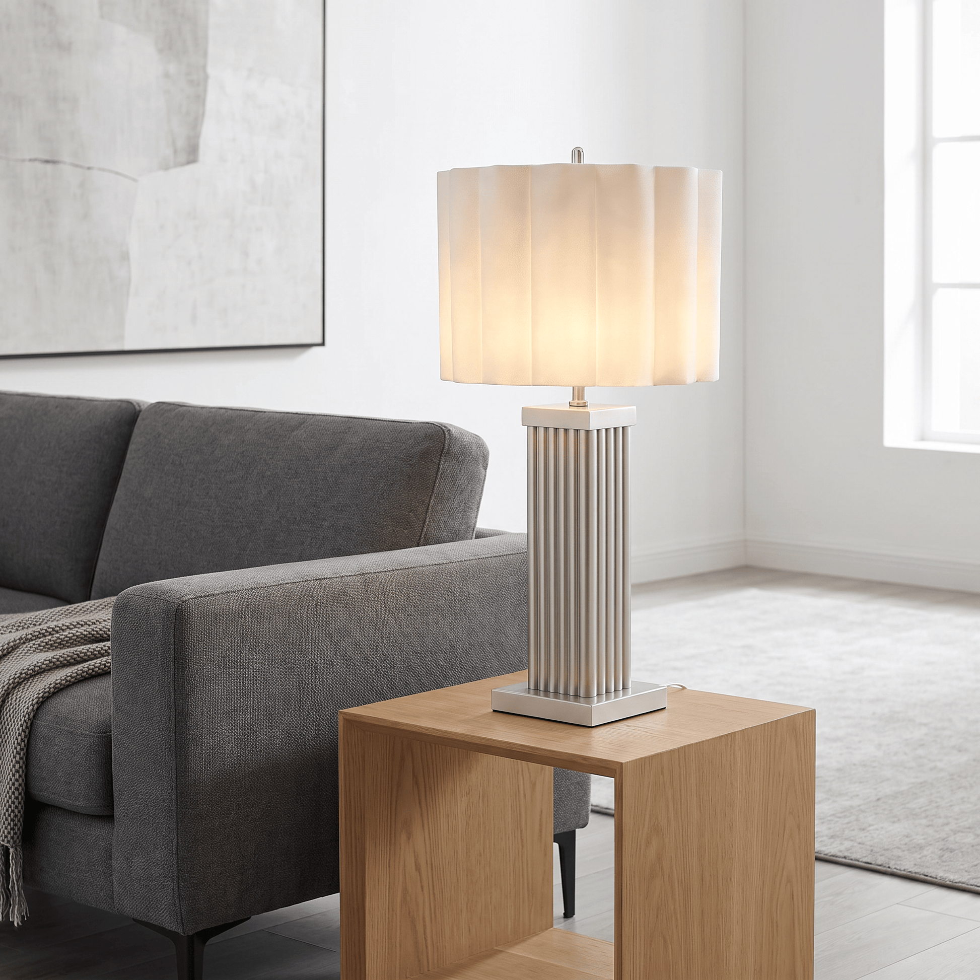 Lights  -  DS Cream Square Glass Table Lamp  -  60485988