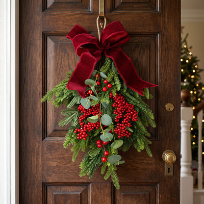 Decorative Bow Drop 60cm hanging on wooden door with burgundy velvet bow red berries and Christmas greenery