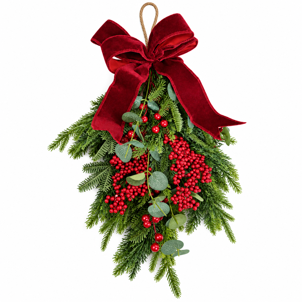 Decorative Bow Drop 60cm Christmas door decoration with red velvet bow berries and green foliage