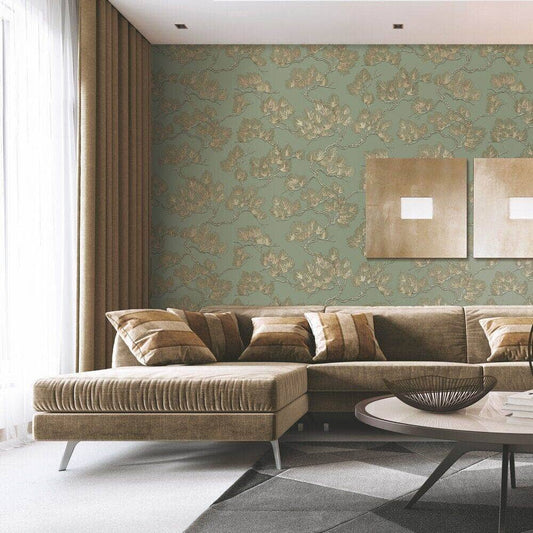 Wallpaper  -  Design ID Pine Tree Sage & Gold Wallpaper - WF121013  -  60007694