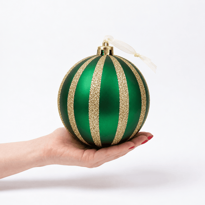 Christmas  -  Emerald & Gold Fine Glitter Stripe Bauble - 15cm  -  60486243