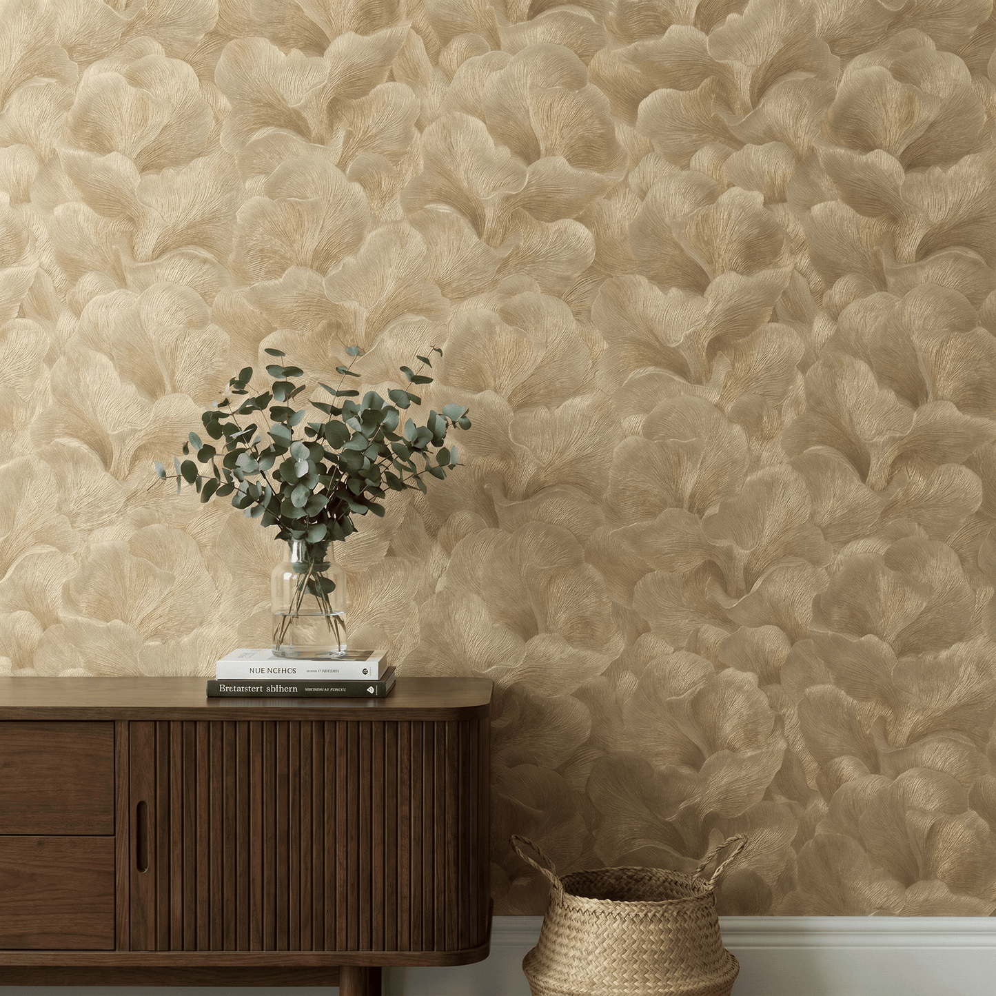 Erismann Floral Glow Gold Metallic Wallpaper 10527-30 room setting - gold floral feature wall wallpaper with modern side table