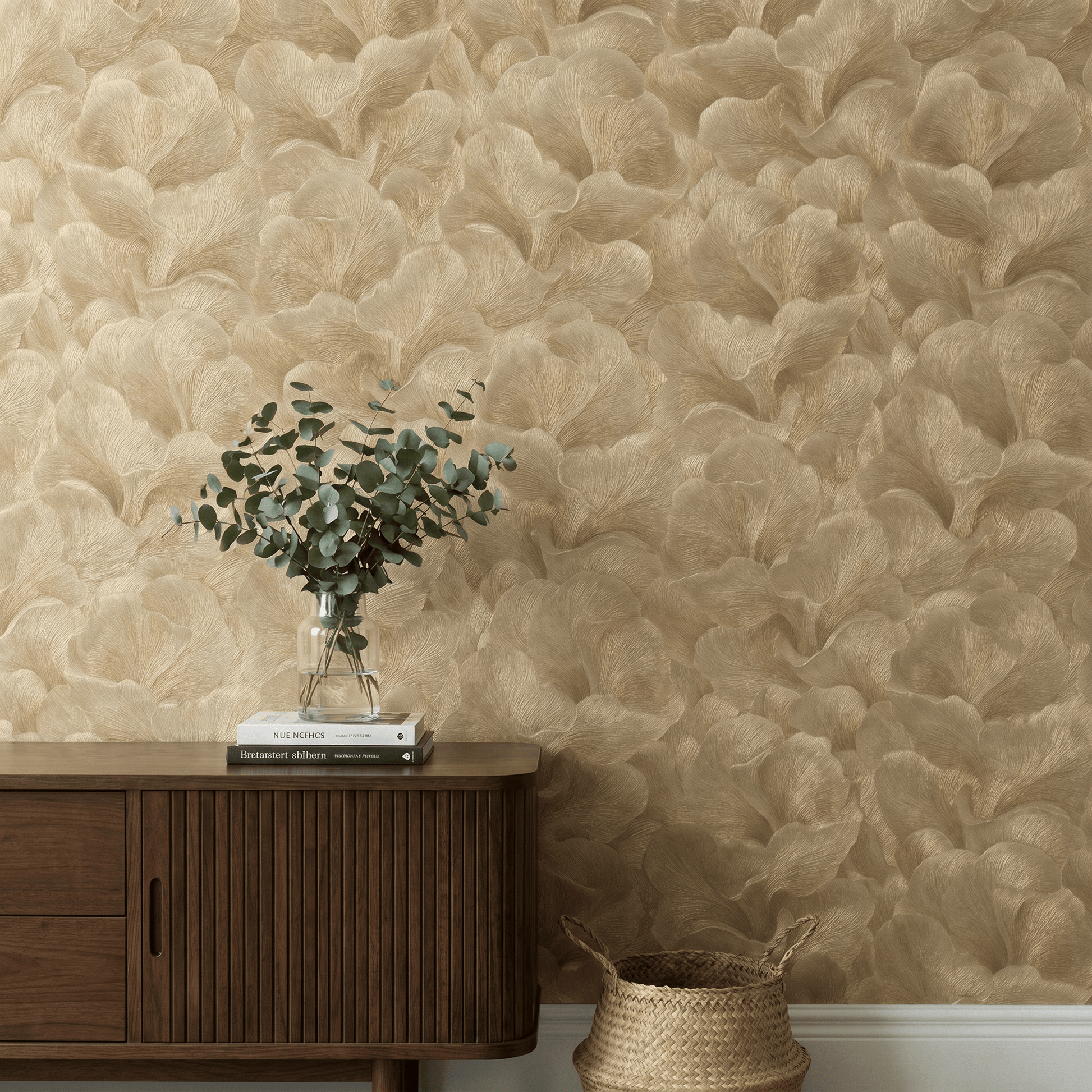 Erismann Floral Glow Gold Metallic Wallpaper 10527-30 room setting - gold floral feature wall wallpaper with modern side table