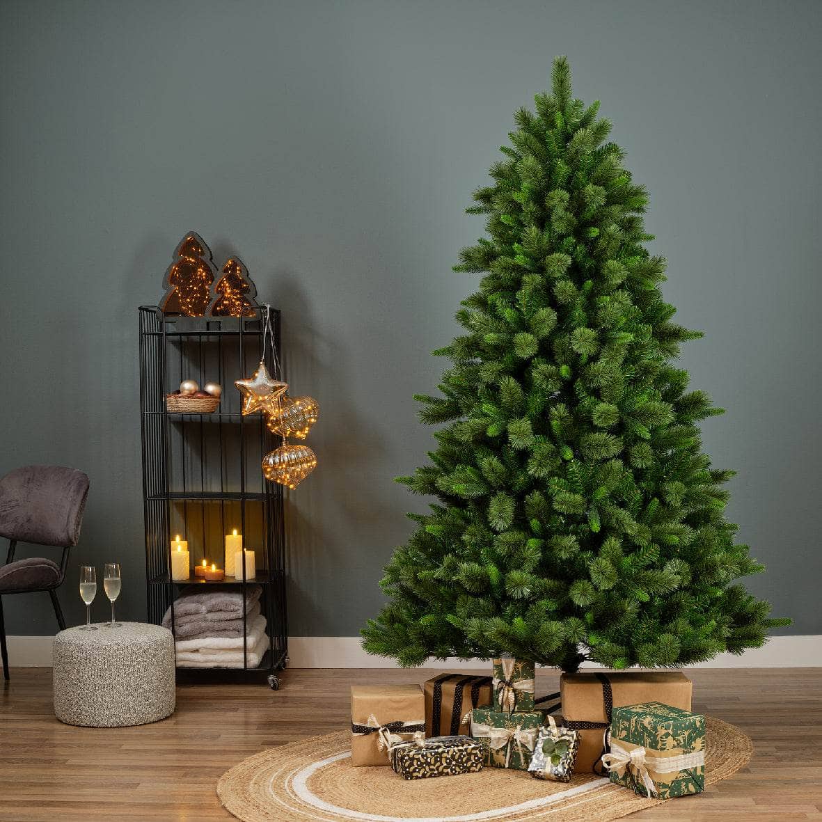 Everlands Edmonton Spruce Christmas Tree 8ft artificial green Christmas tree styled in modern festive living room
