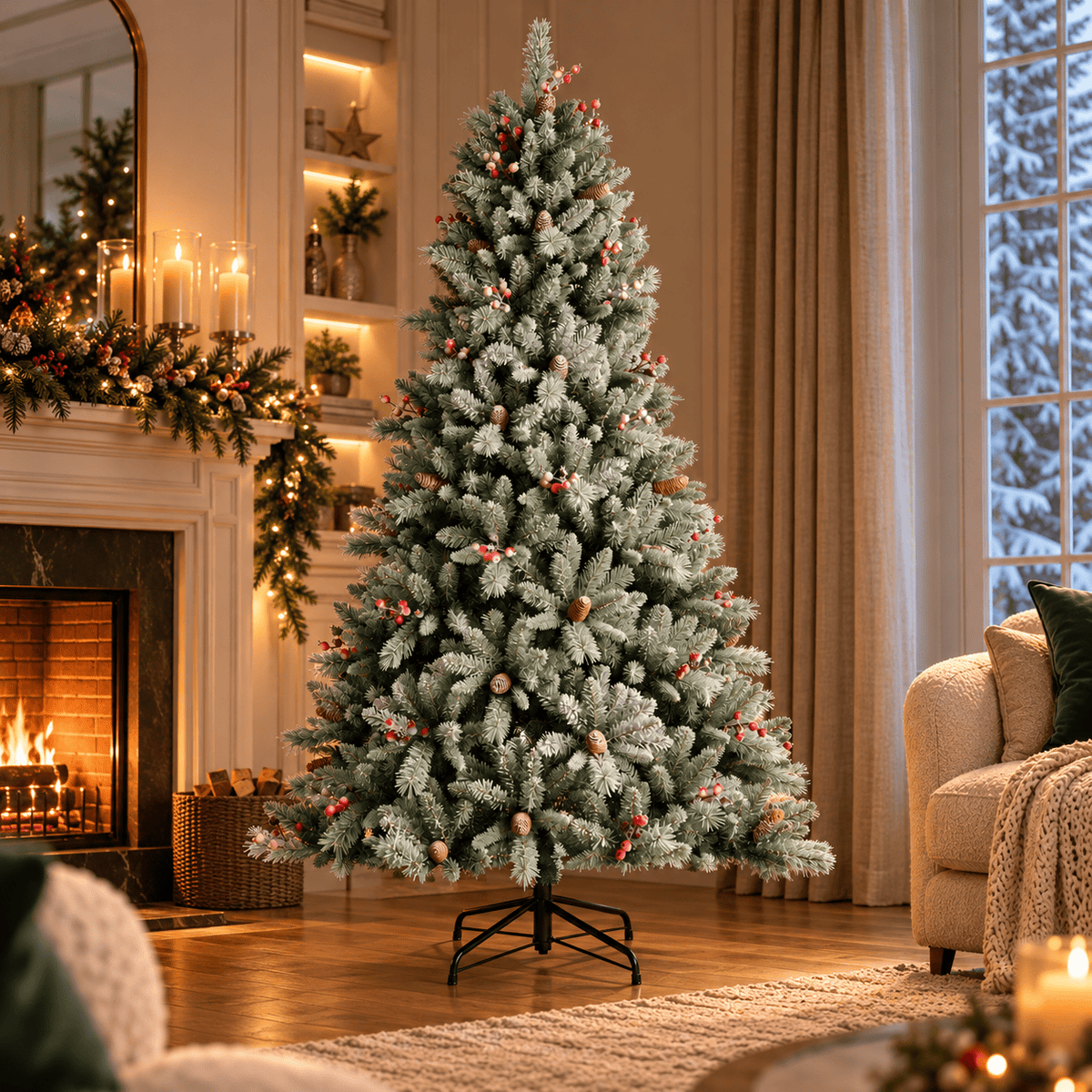 Everlands Windham Frosted Spruce 7ft Christmas Tree styled in luxury festive living room with berries and pinecones.