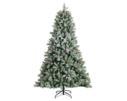 Everlands Windham Frosted Spruce 8ft frosted artificial Christmas tree on white background with pinecones and red berries.