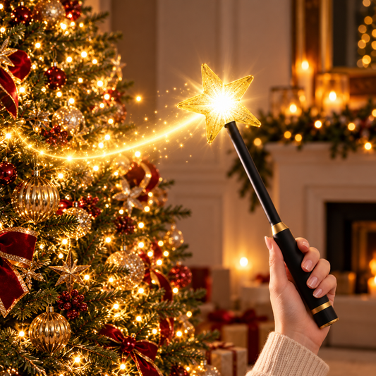 Festive Magic Wand with illuminated warm white star and black handle with gold detailing, held beside a decorated Christmas tree with glowing fairy lights.