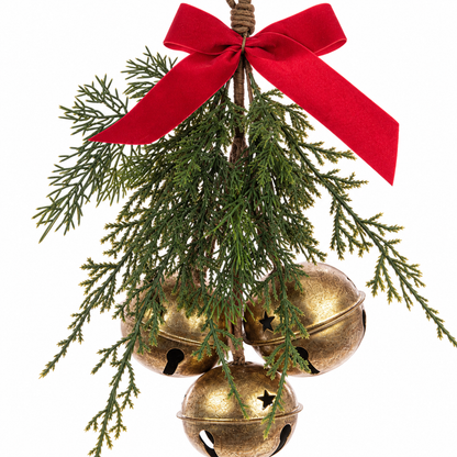 1. Hanging Bells With Bow Decoration 36cm traditional red bow and gold bell Christmas hanging decoration
