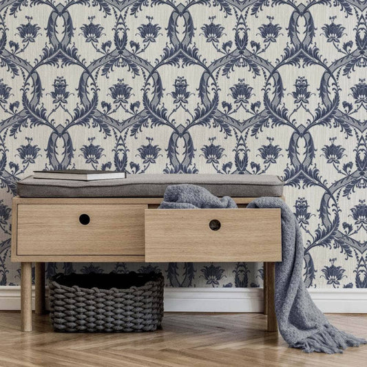 Wallpaper  -  Fine Decor Milano Floral Damask Blue Wallpaper - M95627  -  60003867