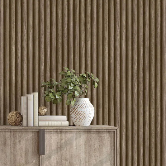 Wallpaper  -  Fine Decor Fluted Wood Walnut Wallpaper - FD44167  -  60486481