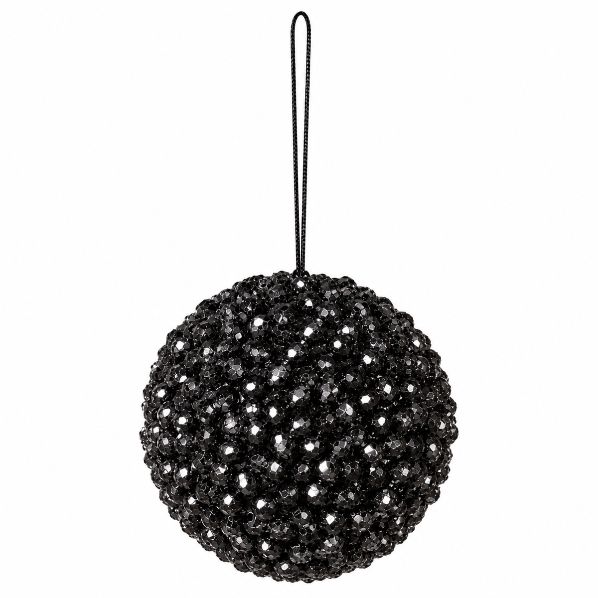Foam Cluster Bauble - Black Glitter - 15cm, a decorative black Christmas tree ornament with sparkling textured clusters and a black hanging cord.
