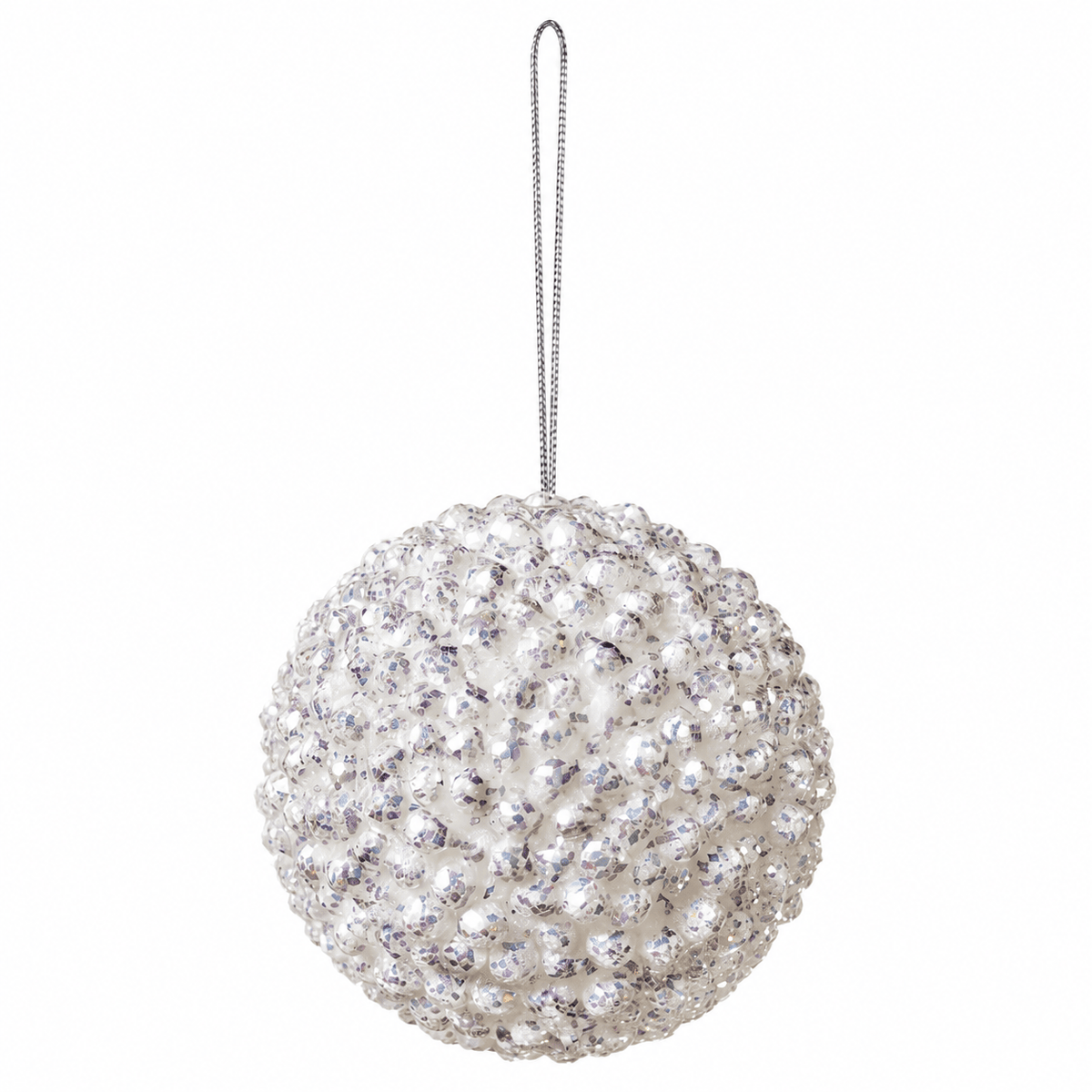 Foam Cluster Bauble - White Glitter - 15cm, a decorative white Christmas tree ornament with sparkling iridescent clusters and a silver hanging cord.