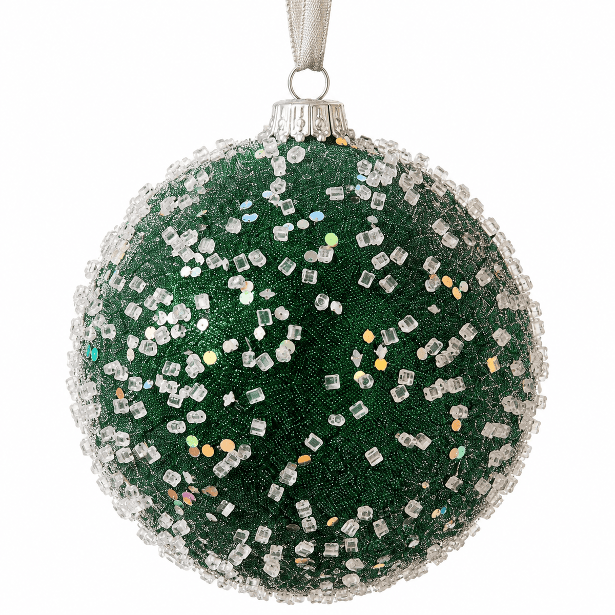 Christmas  -  Forest Green Frosted Bauble with Glass Beads & Sequins - 15cm  -  60486190