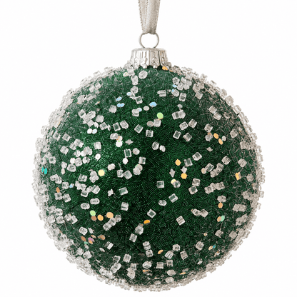 Christmas  -  Forest Green Frosted Bauble with Glass Beads & Sequins - 15cm  -  60486190