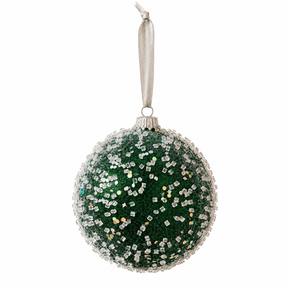 Christmas  -  Forest Green Frosted Bauble with Glass Beads & Sequins - 15cm  -  60486190