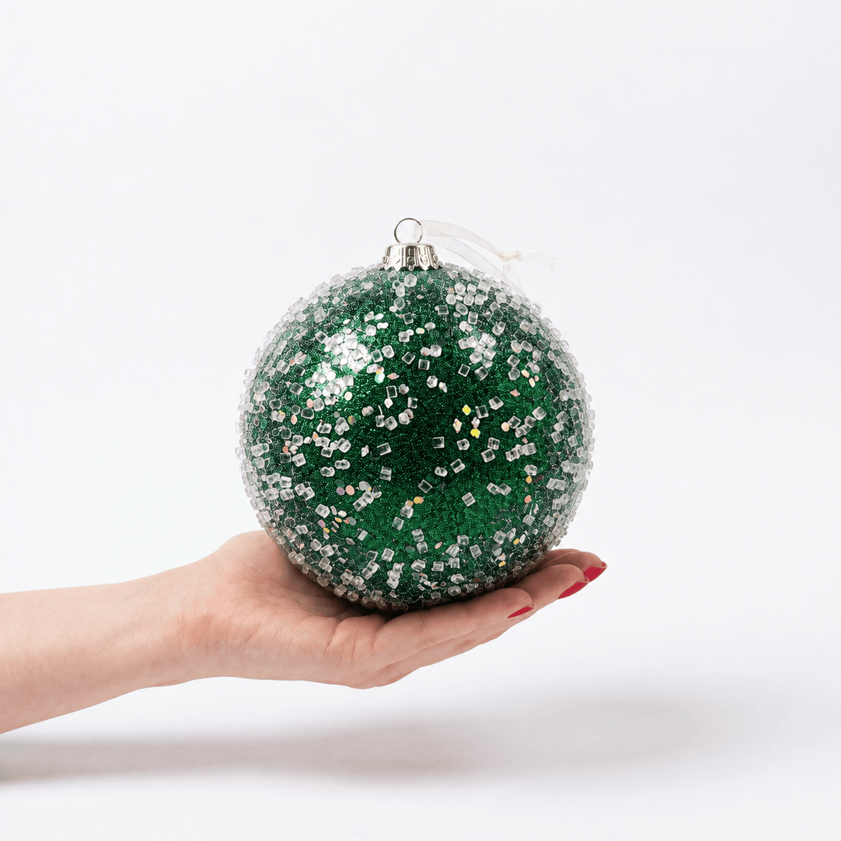 Christmas  -  Forest Green Frosted Bauble with Glass Beads & Sequins - 15cm  -  60486190