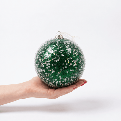 Christmas  -  Forest Green Frosted Bauble with Glass Beads & Sequins - 15cm  -  60486190
