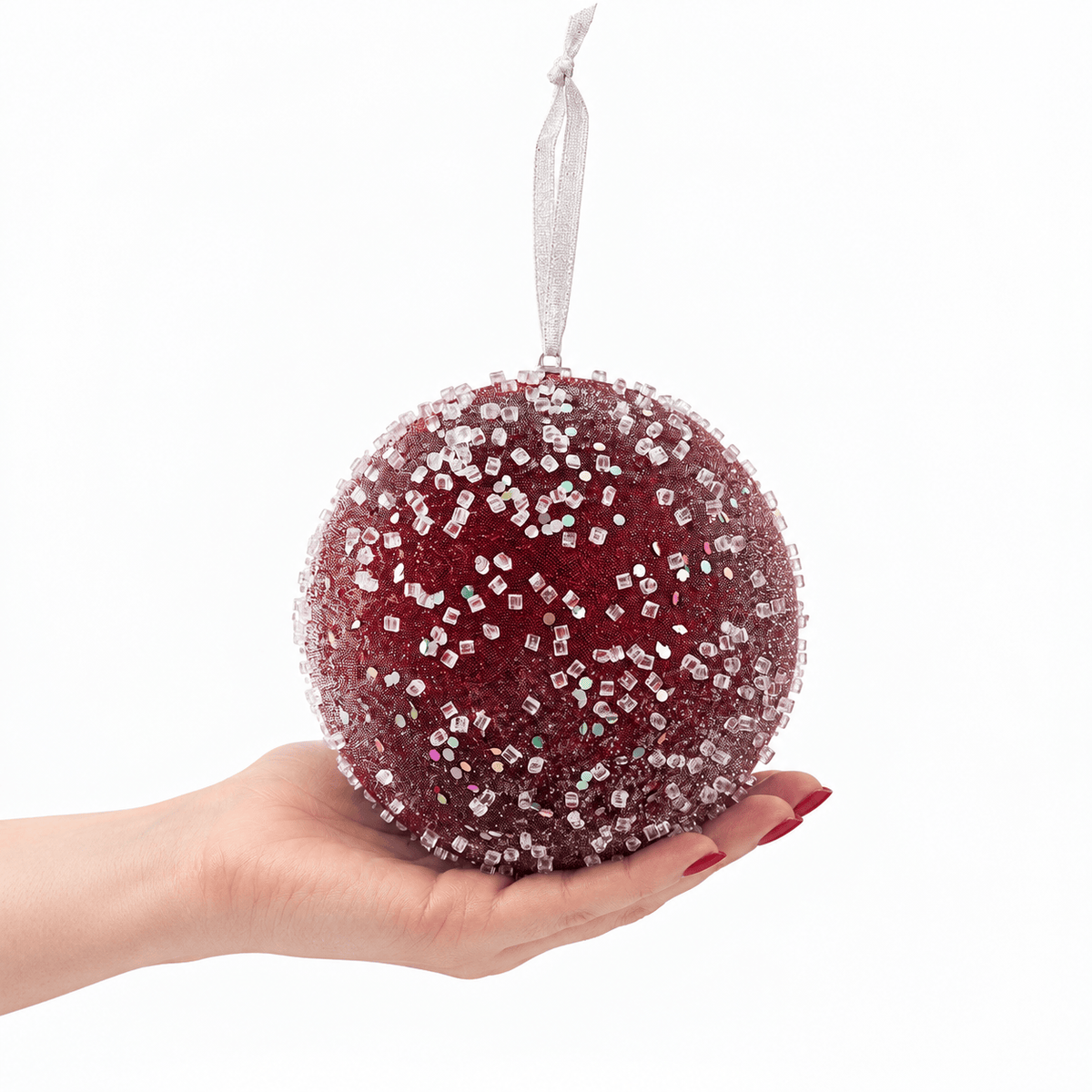 Christmas  -  Frosted Bauble with Glass Beads & Sequins - Burgundy - 15cm  -  60486192