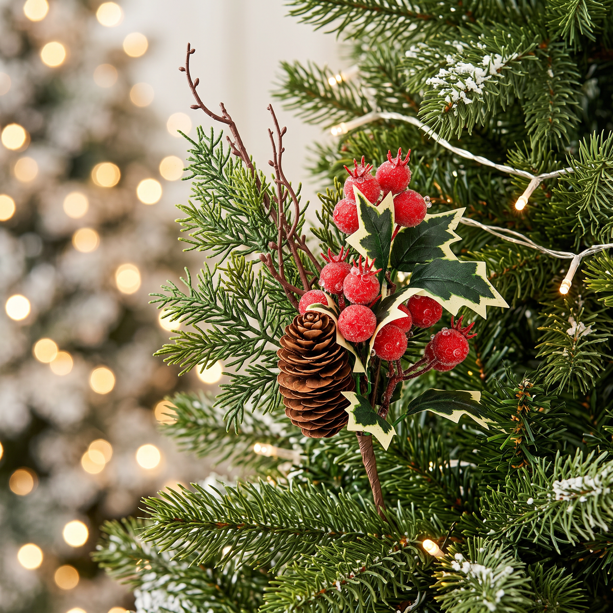 Frosted Pick 45cm displayed in Christmas tree with red berries pinecone and frosted evergreen foliage