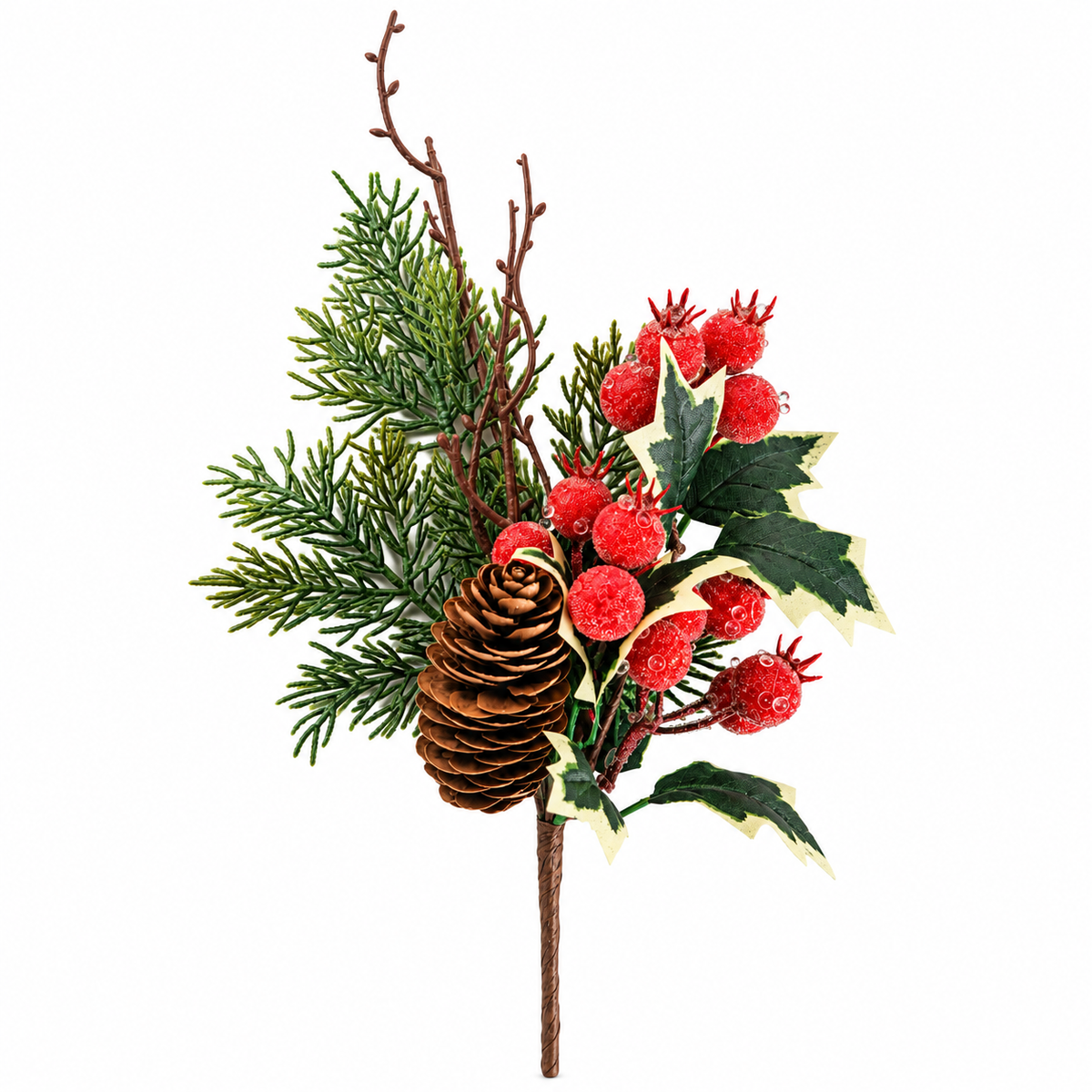 Frosted Pick 45cm festive Christmas decoration with red berries pinecone and green foliage