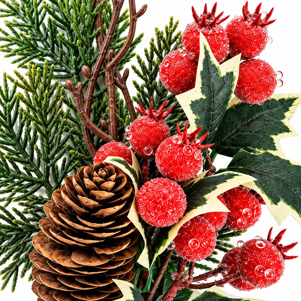 Frosted Pick 45cm close-up with red berries pinecone holly leaves and evergreen Christmas foliage