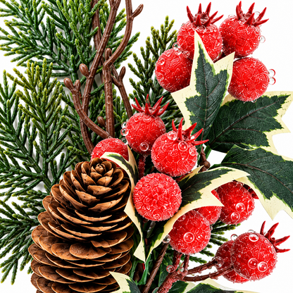Frosted Pick 45cm close-up with red berries pinecone holly leaves and evergreen Christmas foliage