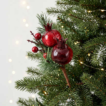 Fruit Pick 25cm styled in Christmas tree with red pomegranate fruit and evergreen foliage