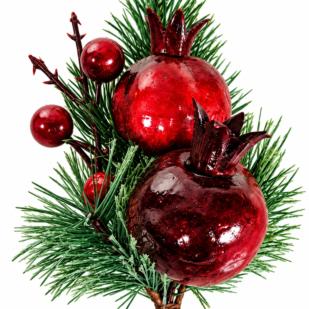 Fruit Pick 25cm close-up with glossy red pomegranates berries and green pine foliage