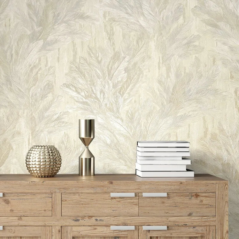 Gianni Cream Feather Wallpaper styled in modern interior with wooden sideboard and metallic accessories