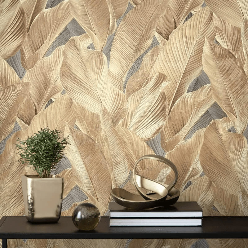 Gianni Leaf Natural Wallpaper styled feature wall with beige gold botanical design and modern decor