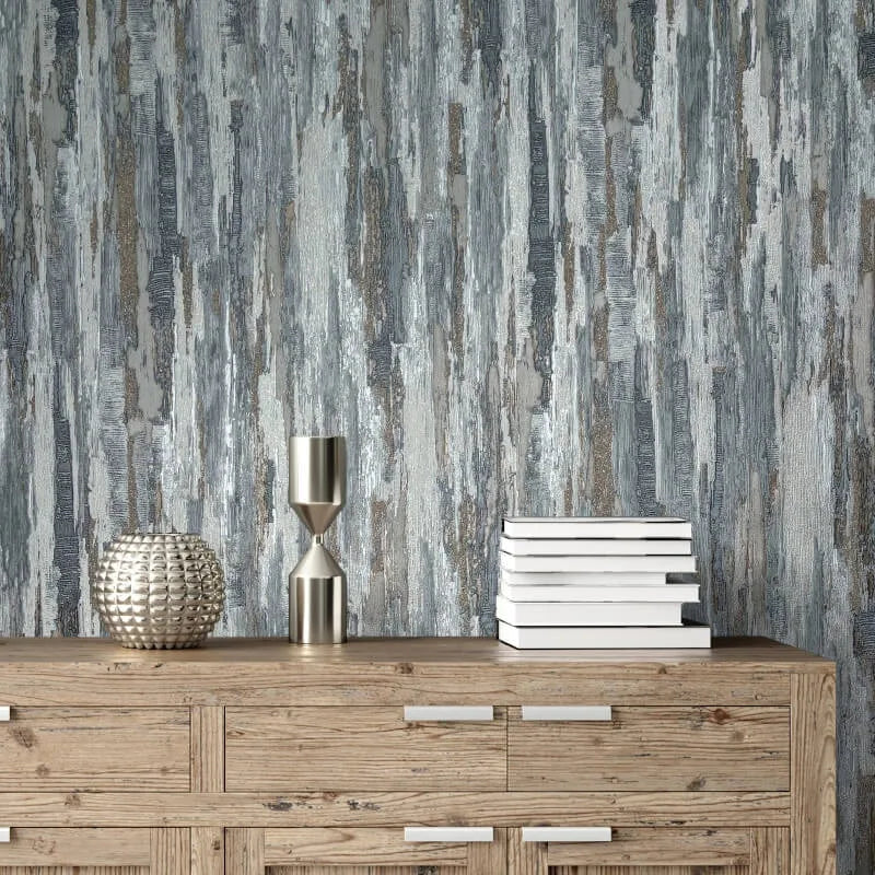 Gianni Plain Blue & Grey Textured Wallpaper styled with wooden sideboard in modern contemporary interior