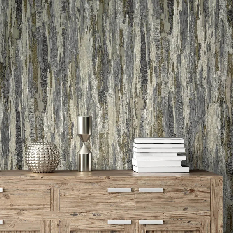 Gianni Plain Charcoal & Taupe Textured Wallpaper styled in modern interior with wooden sideboard
