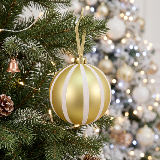 Christmas  -  Gold & White Fine Glitter Stripe Bauble - 15cm  -  60486236